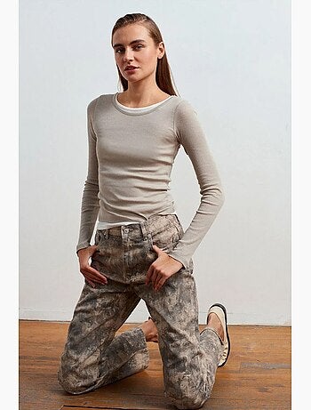 Jean femme taille mi-haute à jambe droite tie-dye dilvin