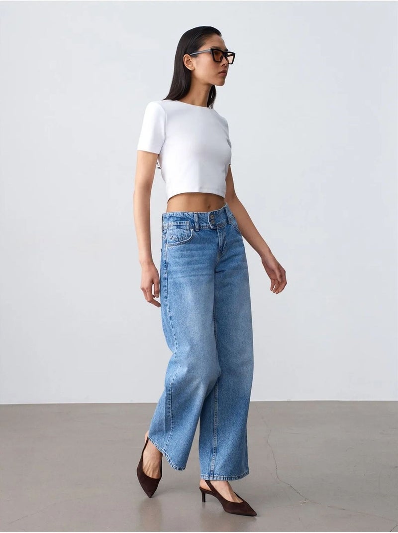Jean large en coton à taille haute dilvin Bleu saphir - Kiabi