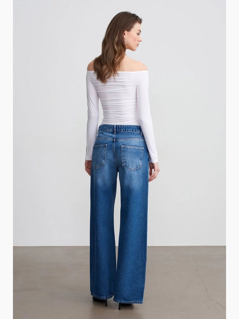 Jean large en denim de coton à taille basse dilvin Bleu saphir - Kiabi