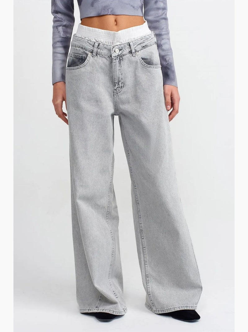 Jean large en denim de coton à taille haute dilvin Gris clair - Kiabi