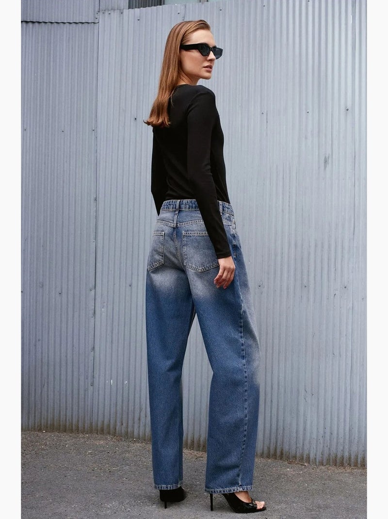 Jean large en denim de coton, taille haute dilvin Bleu saphir - Kiabi