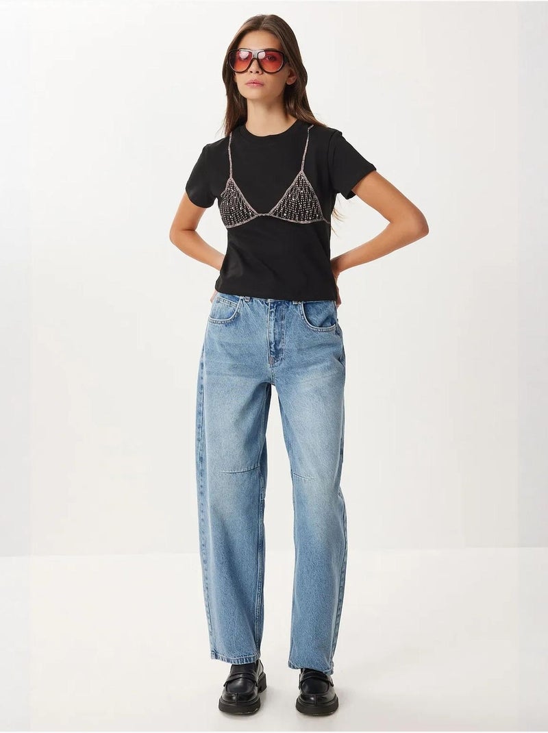 Jean taille haute coupe ballon avec revers istanbul Bleu clair - Kiabi