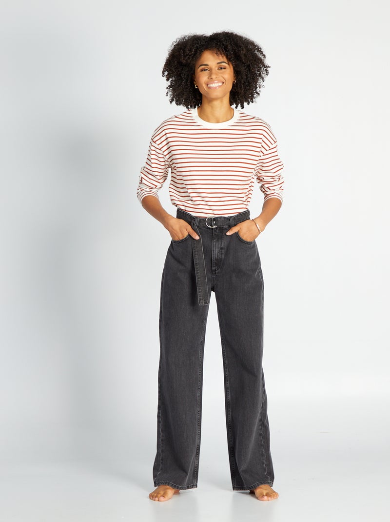Jean wide leg à taille haute ceinturée Noir - Kiabi