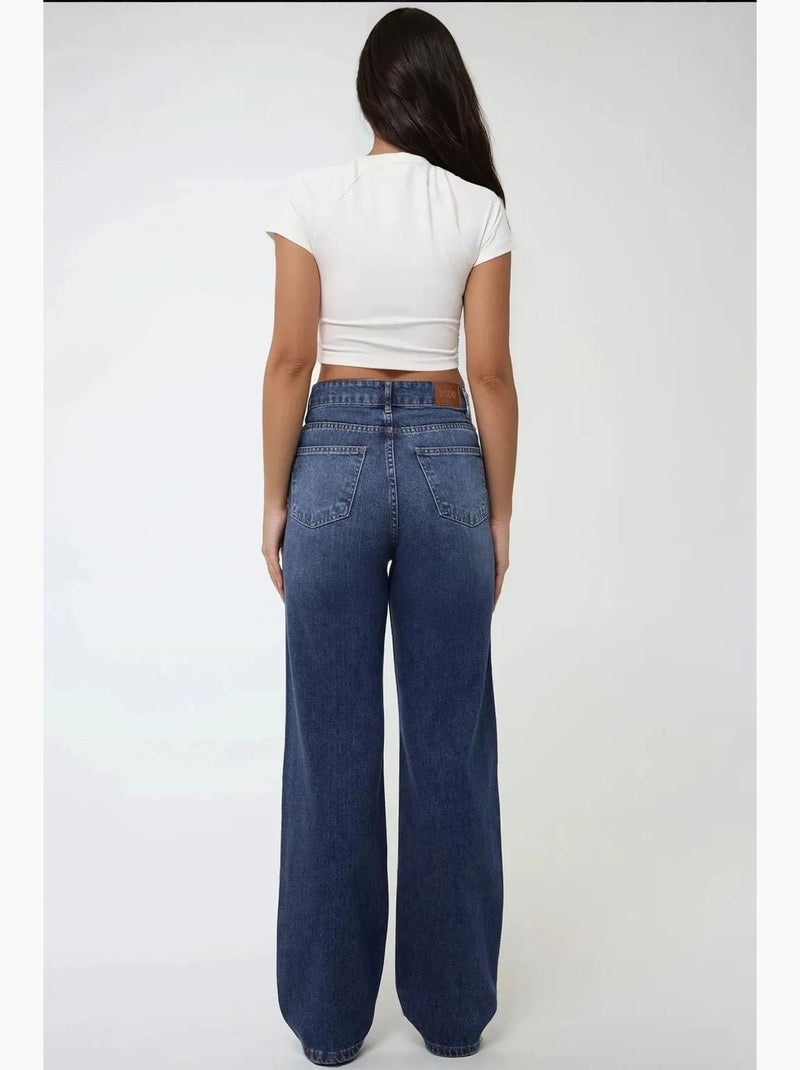 Jeans met hoge taille en rechte pijp hiccup Ultramarijnblauw - Kiabi