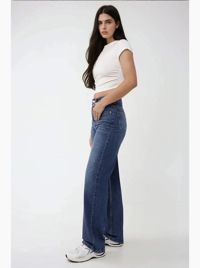 Jeans met hoge taille en rechte pijpen hiccup Ultramarijnblauw - Kiabi