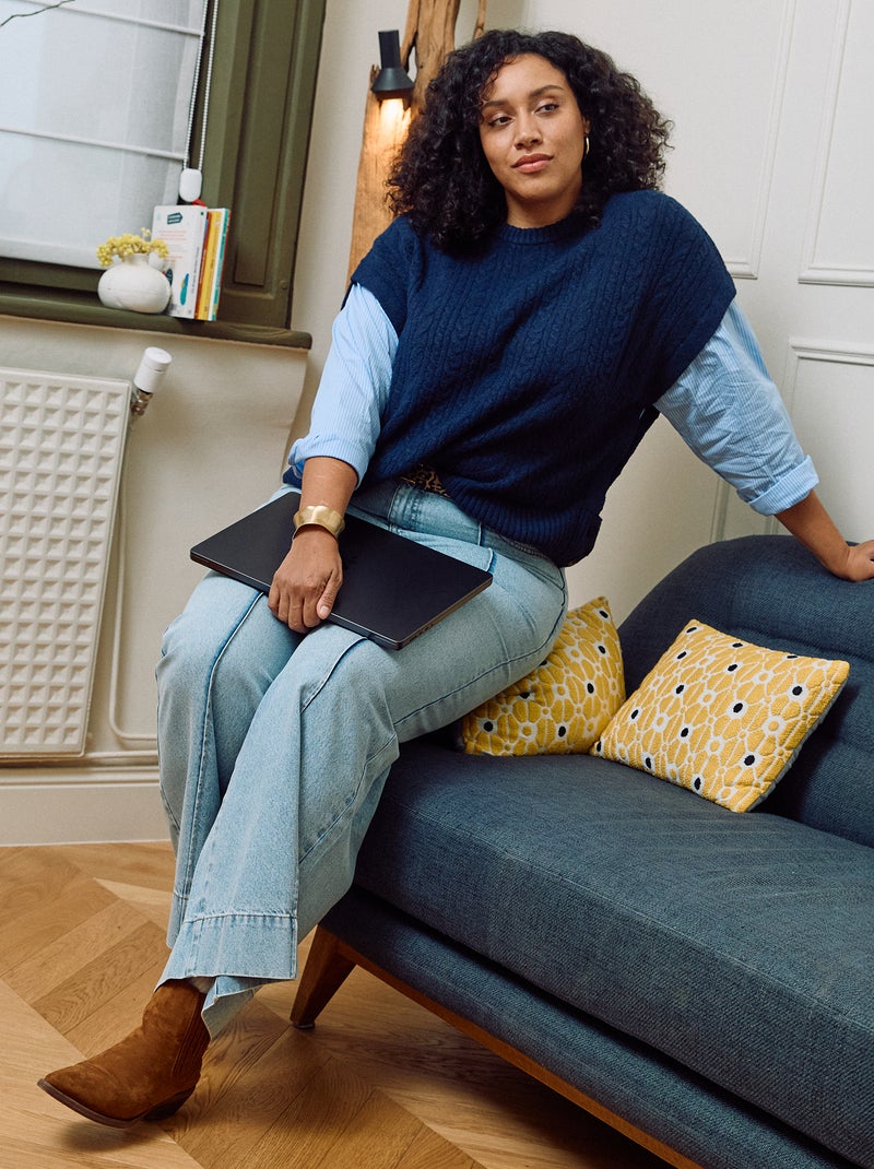 Jeans met wijde pijpen, hoge taille en plooien aan de voorzijde Blauw - Kiabi