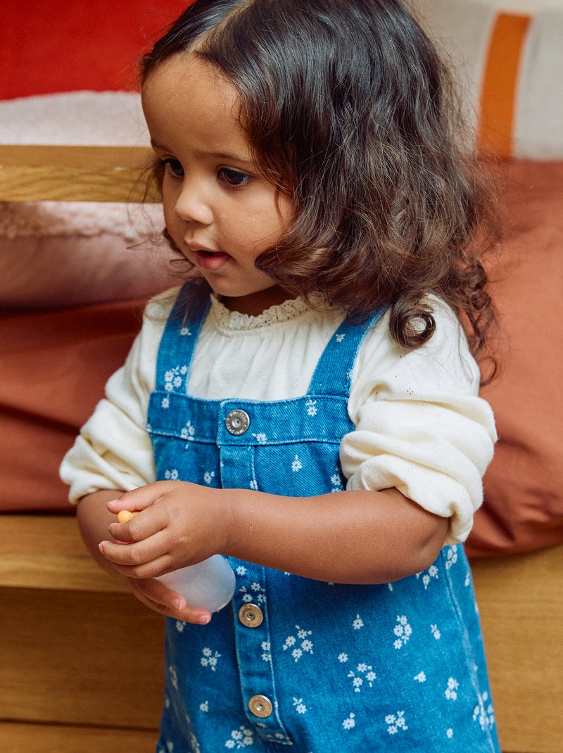 Jeans tuinbroek met bloemen Blauw - Kiabi