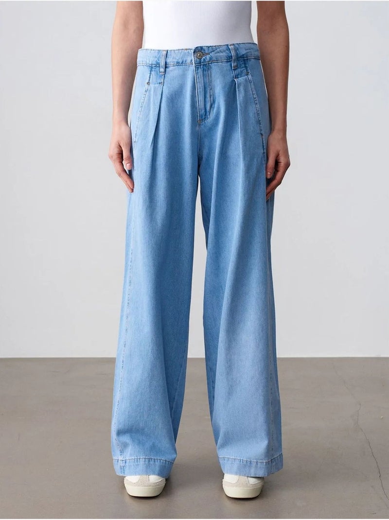 Jeans van katoen-denim met hoge taille en wijde pijp dilvin Saffierblauw - Kiabi