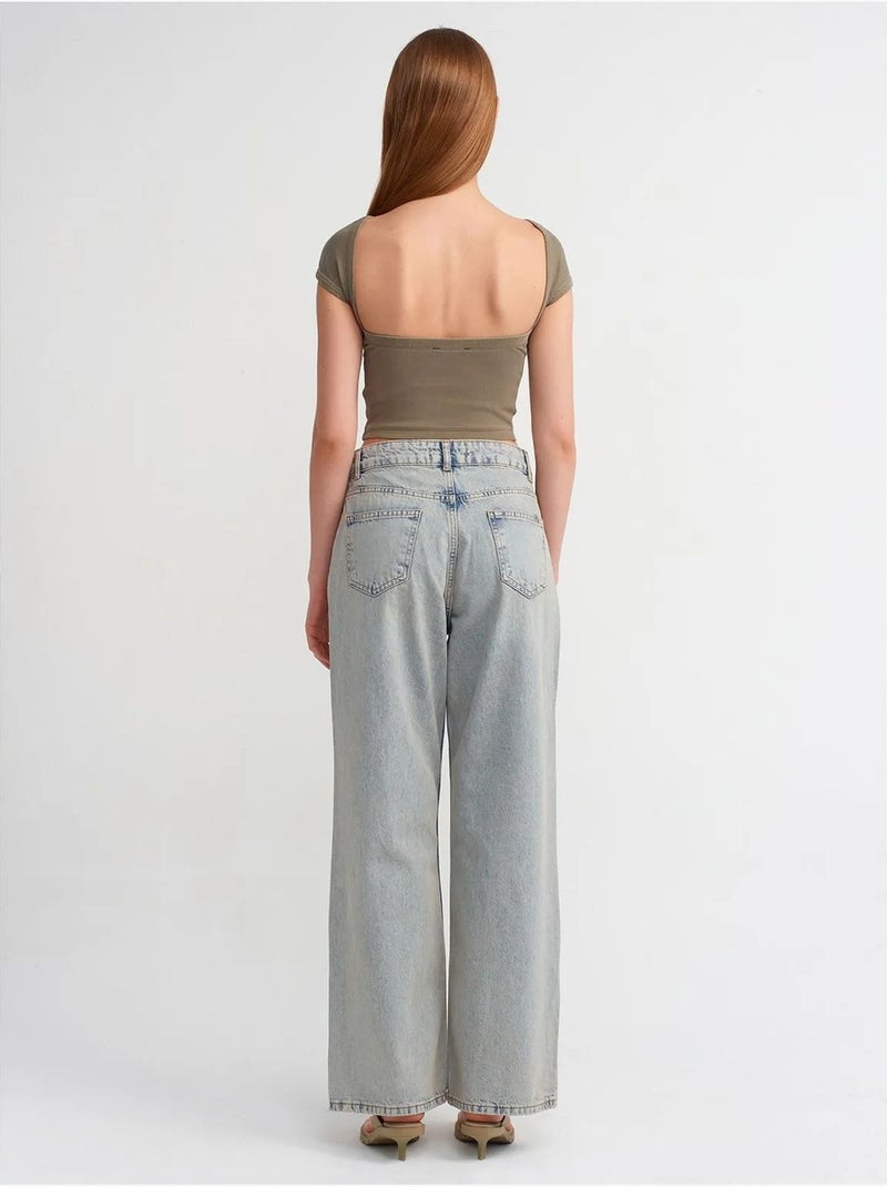 Jeans van katoenen denim met wijde pijp en middelhoge taille dilvin Lichtblauw - Kiabi