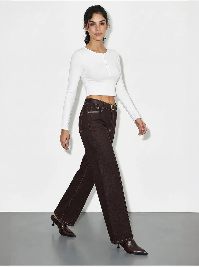Jeansbroek met hoge taille en wijde pijpen en riem lucci Donkerbruin - Kiabi
