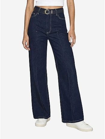 Jeansbroek met hoge taille en wijde pijpen en riem lucci