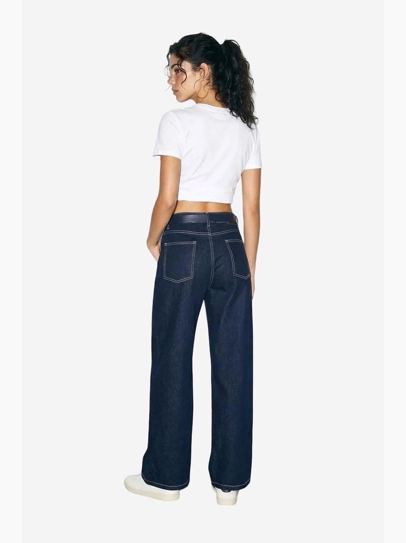 Jeansbroek met hoge taille en wijde pijpen en riem lucci Marineblauw - Kiabi