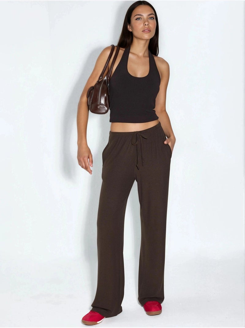 Jersey broek met wijde pijpen busem Chocoladebruin - Kiabi