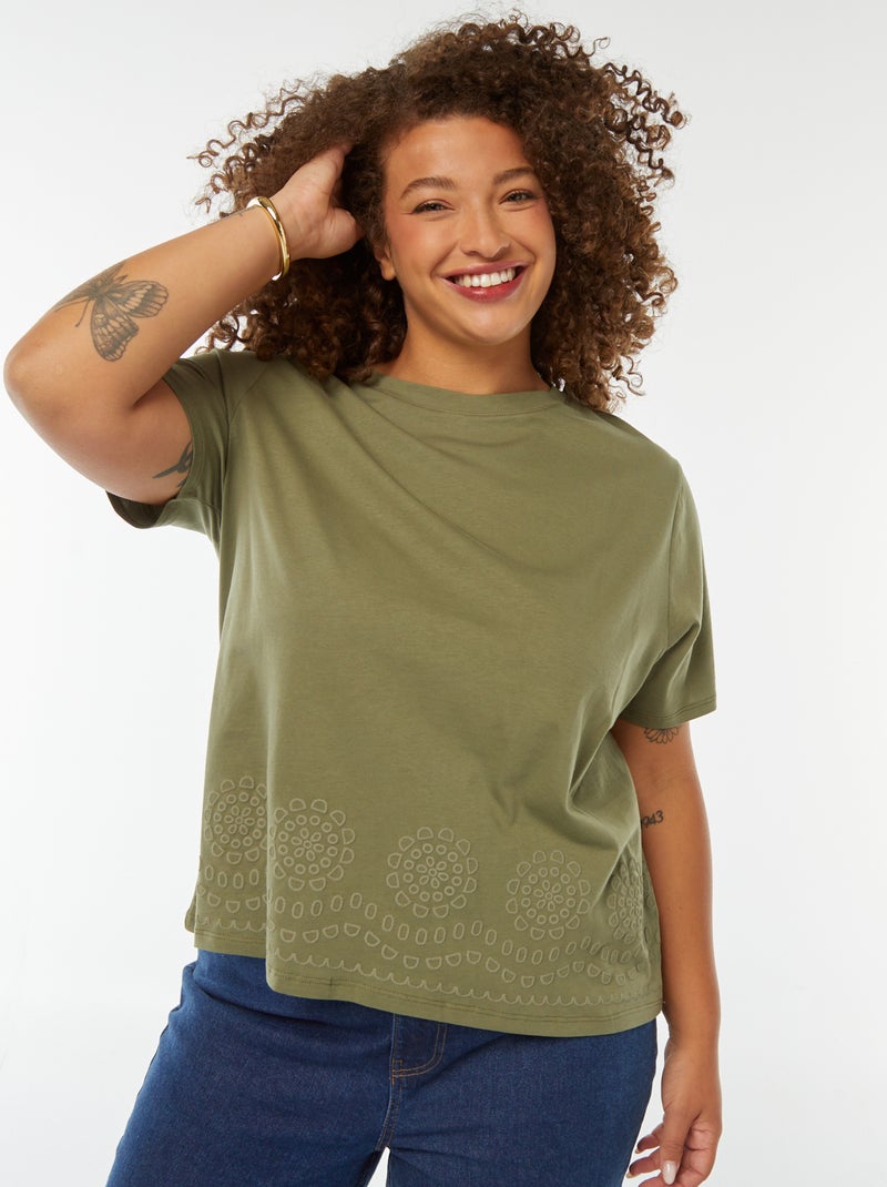 Jersey T-shirt met borduursel Kaki - Kiabi