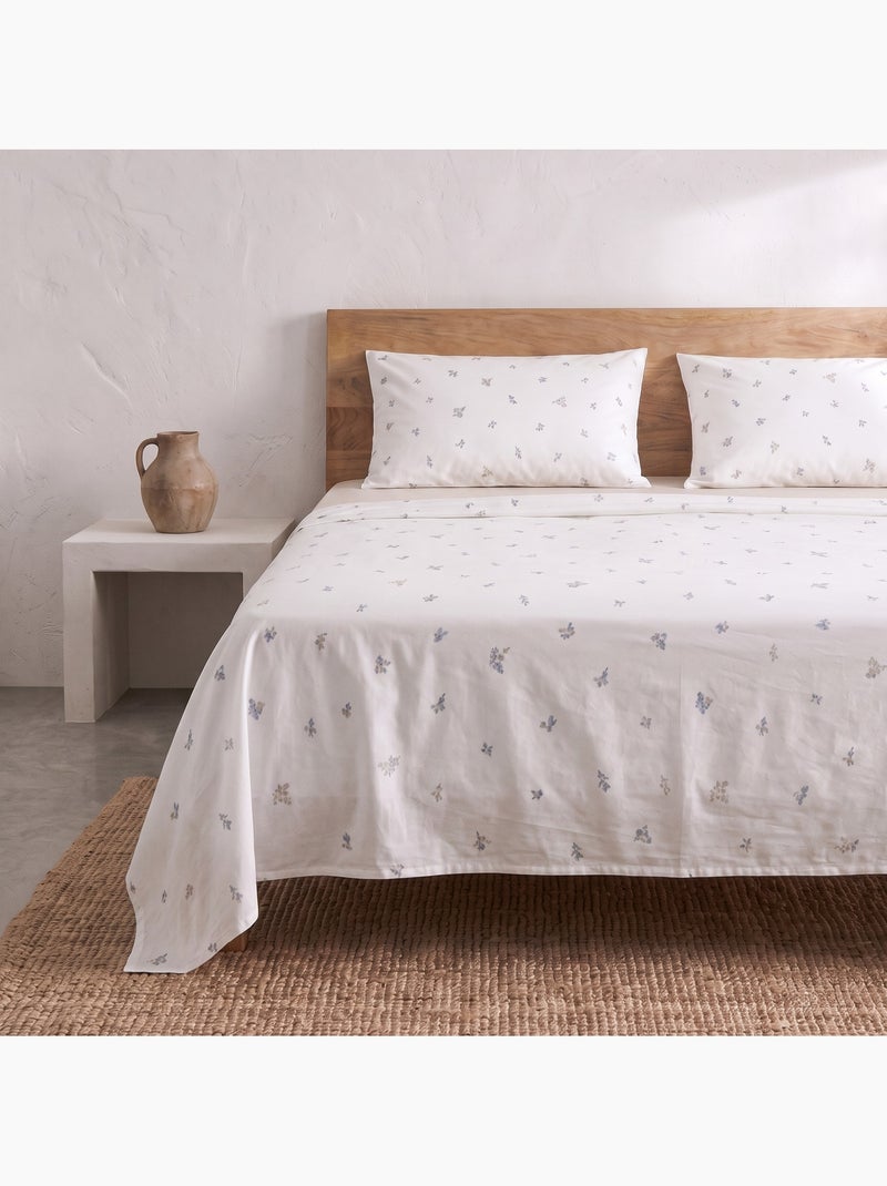 Jeu de draps 100% coton avec taie(s) d’oreiller, motif floral - gamusi. Bleu Beige - Kiabi