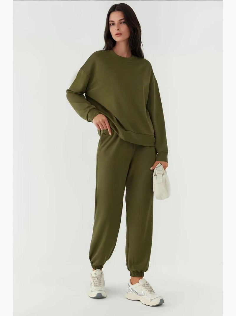 Joggerbroek met elastische taille en modale touch hiccup Kaki - Kiabi