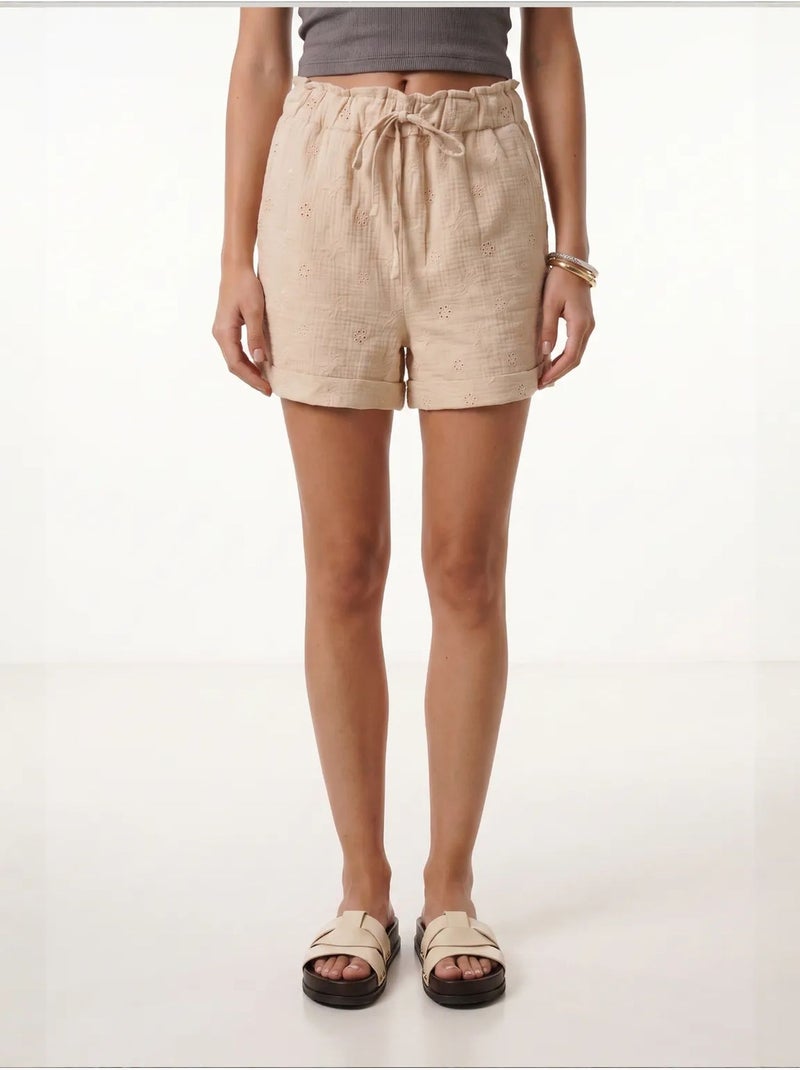 Joli mini-short taille haute à cordon de serrage avec détail de bordure istanbul Beige argile - Kiabi