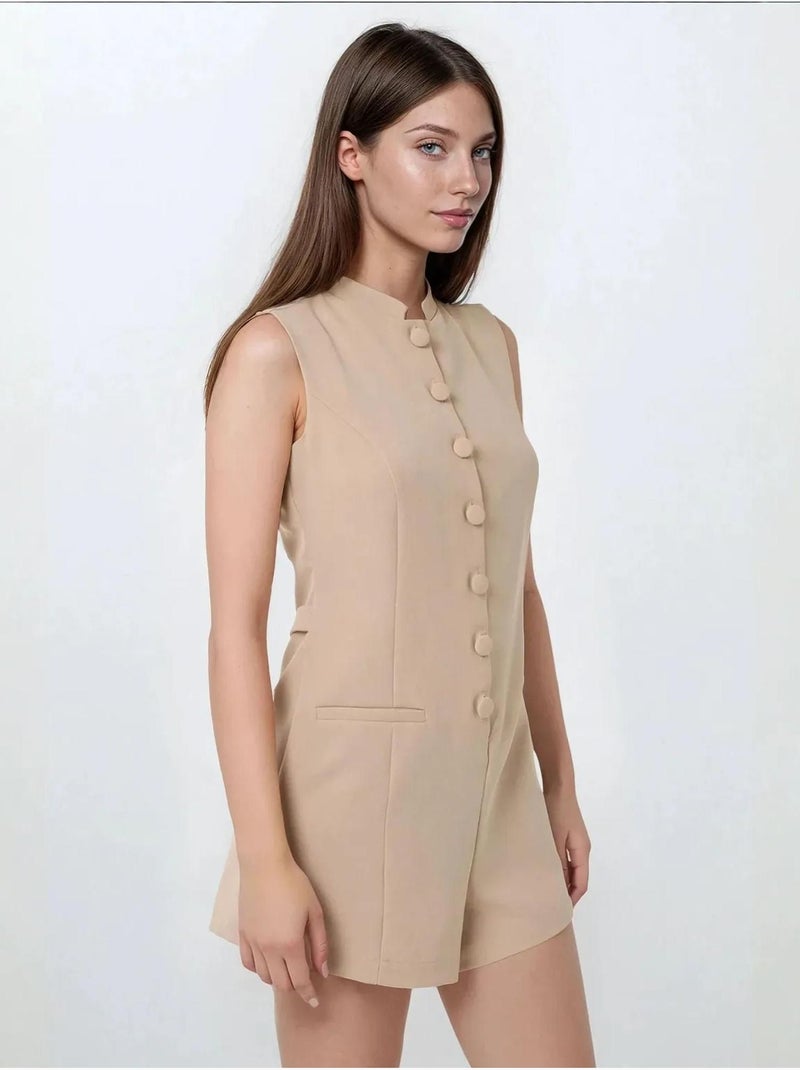 Jumpsuit met korte pijpen, ronde hals en knoopdetail Beige - Kiabi