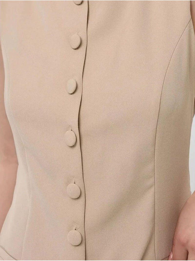 Jumpsuit met korte pijpen, ronde hals en knoopdetail Beige - Kiabi