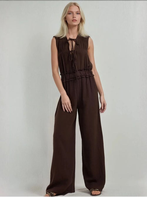 Jumpsuit met textuur, wijde pijpen en ronde hals hiccup - Kiabi
