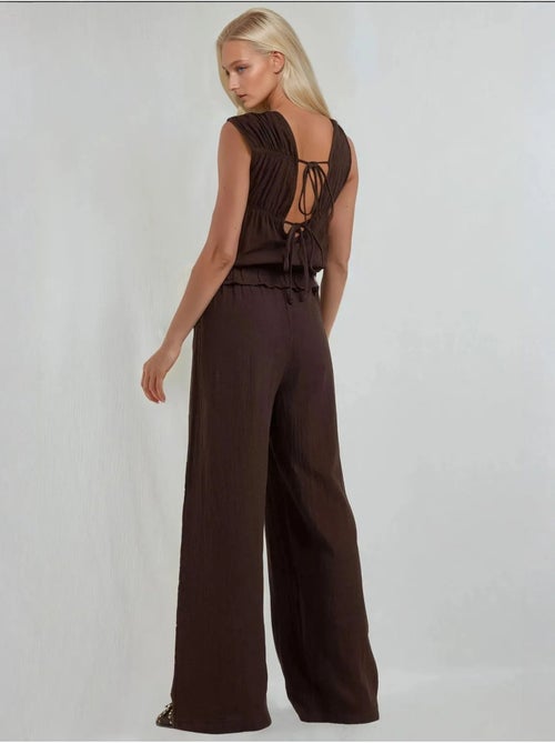 Jumpsuit met textuur, wijde pijpen en ronde hals hiccup - Kiabi