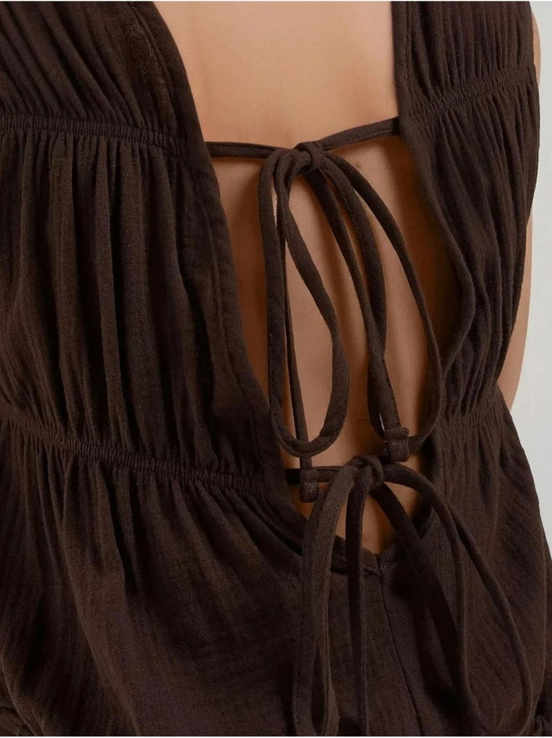 Jumpsuit met textuur, wijde pijpen en ronde hals hiccup Donkerbruin - Kiabi