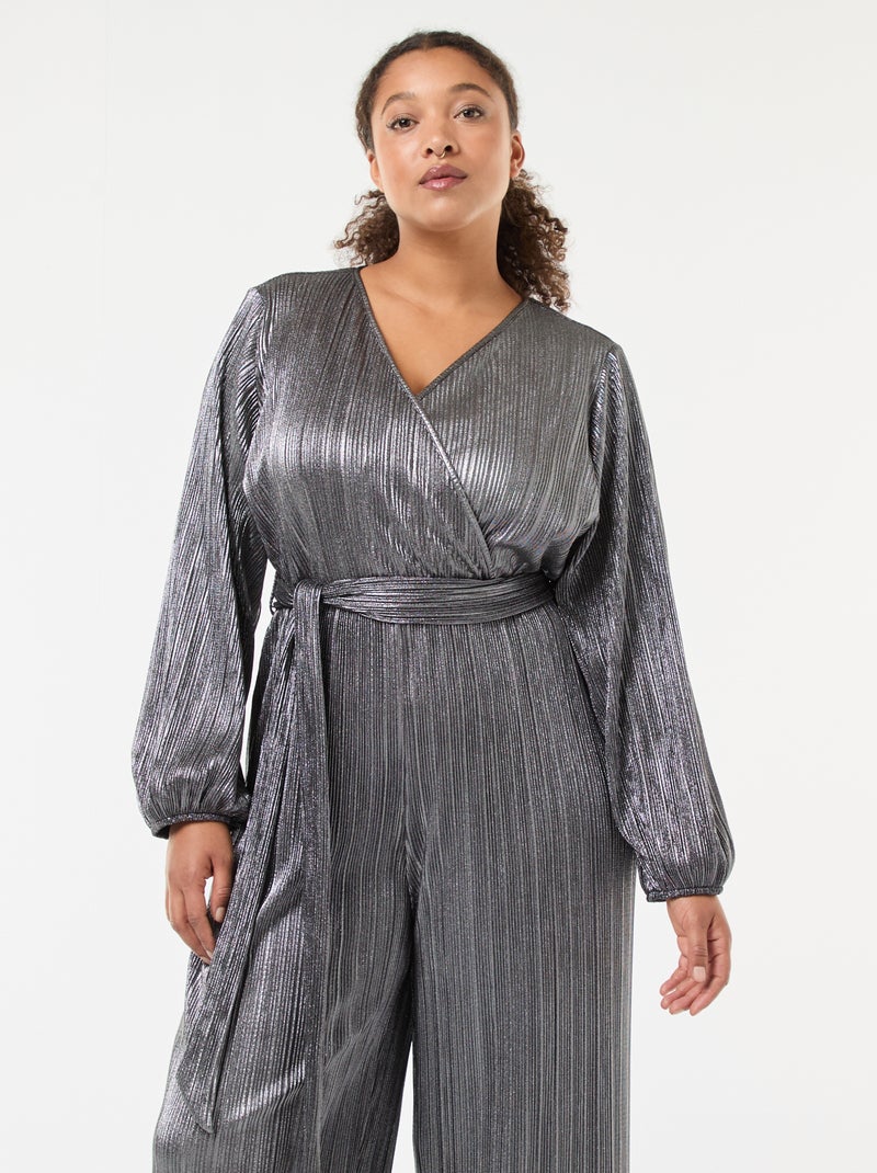 Jumpsuit van plissétricot met wijde pijpen Grijs - Kiabi