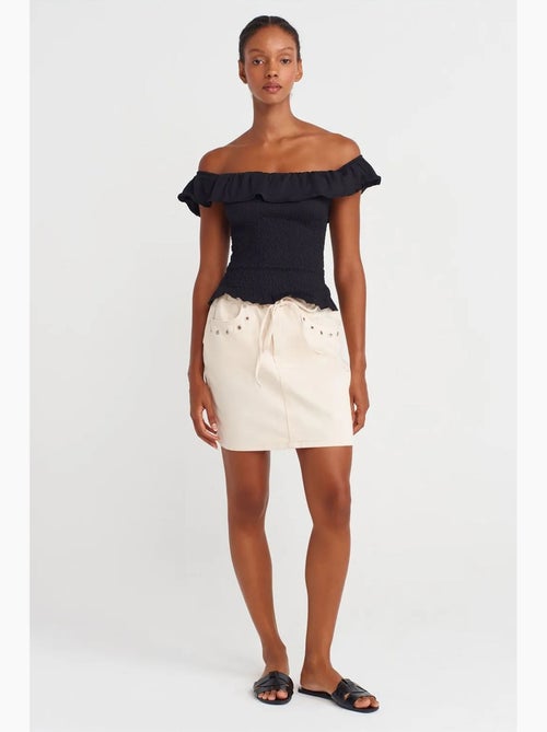 Jupe courte en denim de coton à lien dilvin - Kiabi