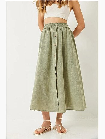 Jupe courte en lin doublée à taille élastique et boutons lucci