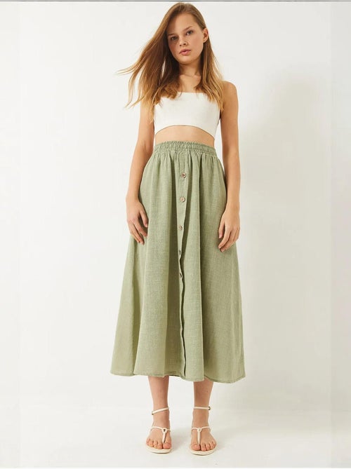 Jupe courte en lin doublée à taille élastique et boutons lucci - Kiabi