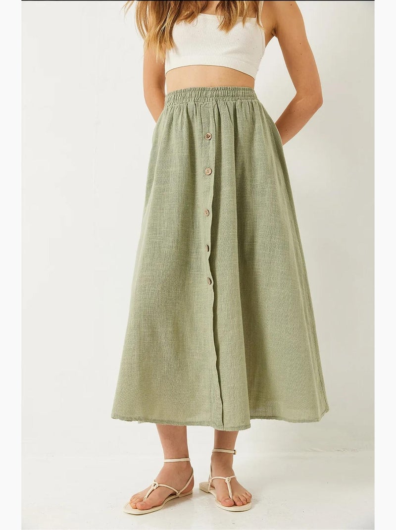 Jupe courte en lin doublée à taille élastique et boutons lucci Vert menthe - Kiabi