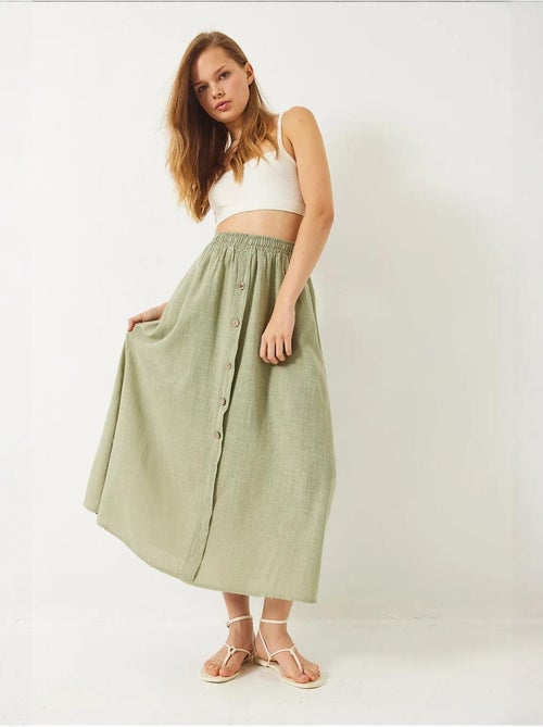 Jupe courte en lin doublée à taille élastique et boutons lucci - Kiabi