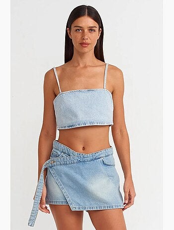 Jupe courte évasée en denim avec ceinture dilvin