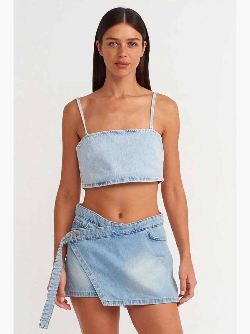 Jupe courte évasée en denim avec ceinture dilvin Bleu clair - Kiabi