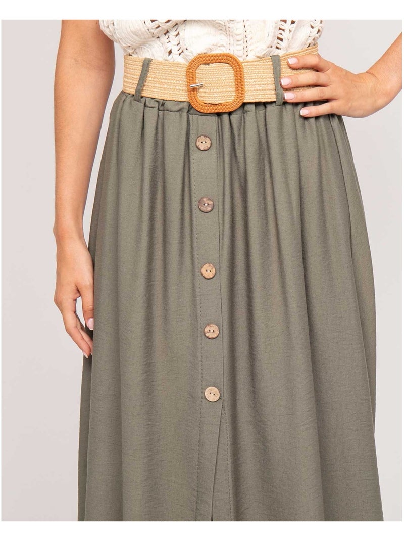 Jupe longue boutonnée avec ceinture XETO Kaki - Kiabi