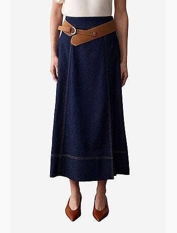 Jupe longue en denim coupe a, taille haute et ceinture dilvin