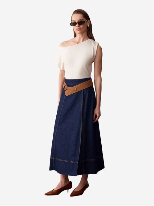 Jupe longue en denim coupe a, taille haute et ceinture dilvin - Kiabi