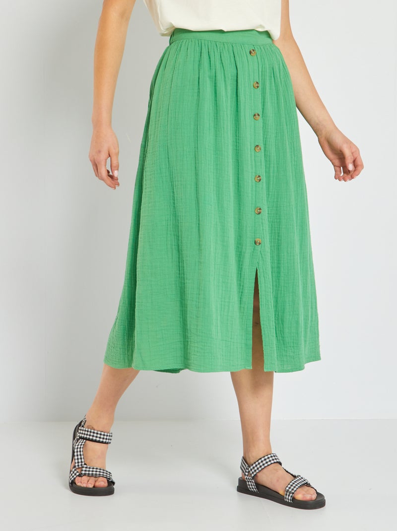 Jupe longue en double gaze de coton Vert - Kiabi