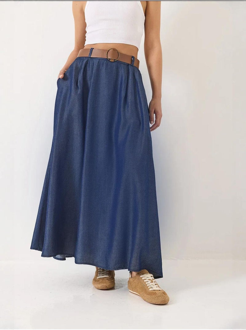 Jupe longue évasée en jean d'été avec ceinture et poches lucci Bleu marine - Kiabi