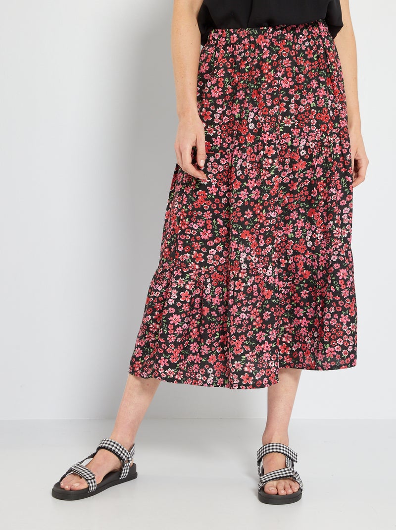 Jupe longue imprimée 'fleurs' noir/rouge - Kiabi