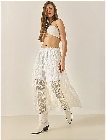 Jupe longue taille haute à volants et doublure courte en dentelle florale lucci