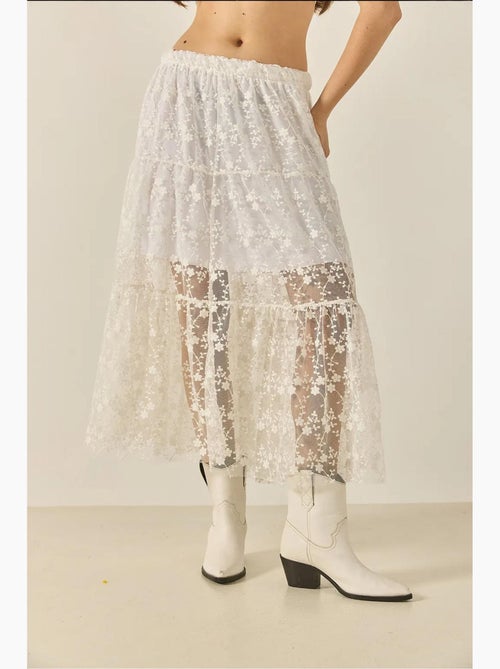 Jupe longue taille haute à volants et doublure courte en dentelle florale lucci - Kiabi