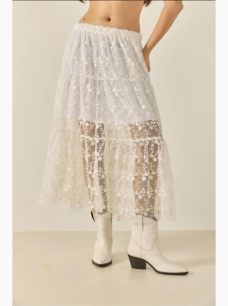 Jupe longue taille haute à volants et doublure courte en dentelle florale lucci Blanc - Kiabi