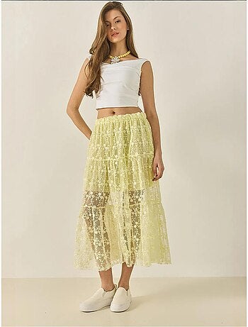 Jupe longue taille haute à volants et doublure courte en dentelle florale lucci