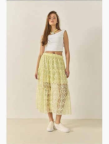Jupe longue taille haute à volants et doublure courte en dentelle florale lucci