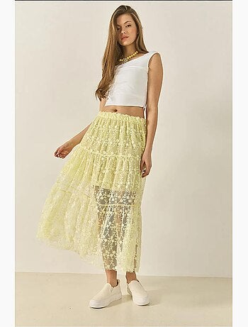 Jupe longue taille haute à volants et doublure courte en dentelle florale lucci