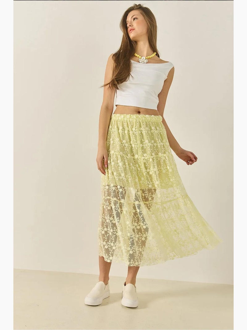 Jupe longue taille haute à volants et doublure courte en dentelle florale lucci Jaune citron - Kiabi