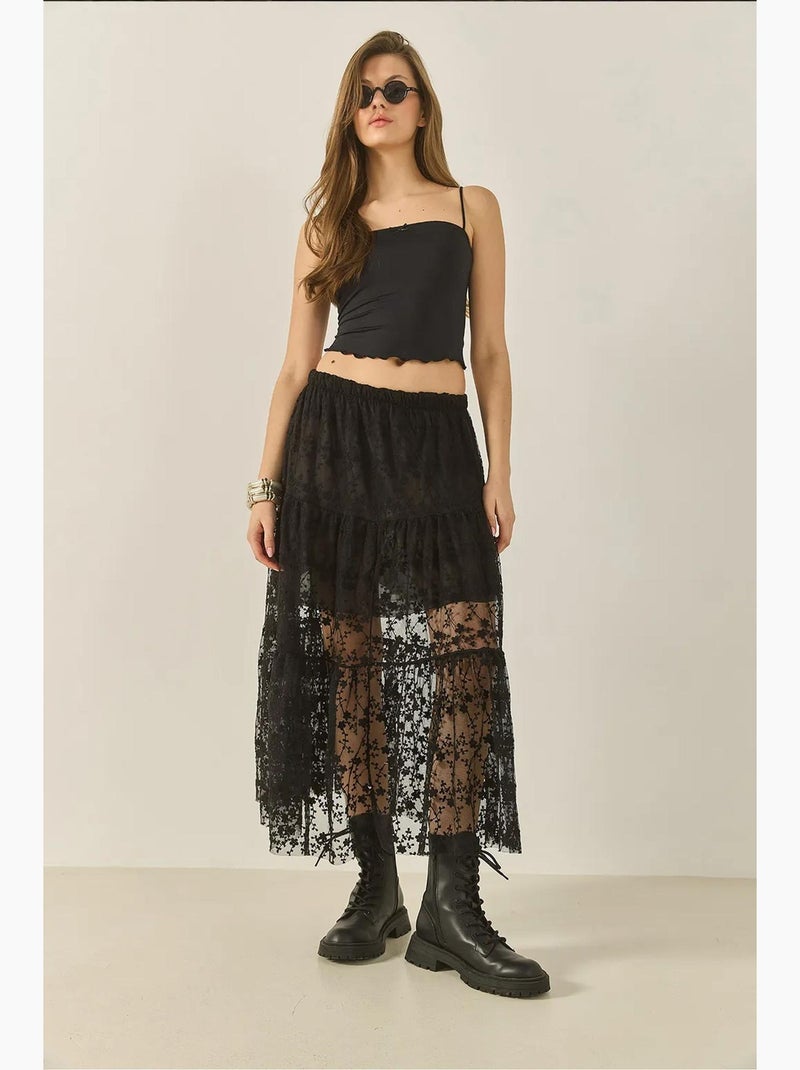 Jupe longue taille haute à volants et doublure courte en dentelle florale lucci Noir - Kiabi