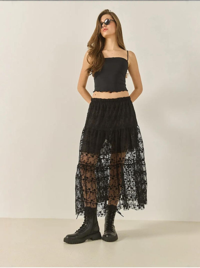 Jupe longue taille haute à volants et doublure courte en dentelle florale lucci Noir - Kiabi