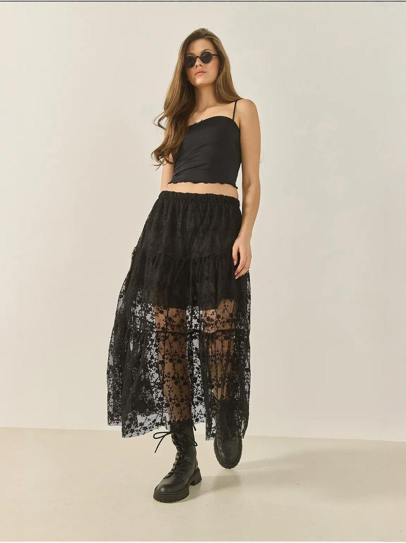 Jupe longue taille haute à volants et doublure courte en dentelle florale lucci Noir - Kiabi